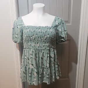Torrid Green Floral Smocked Blouse